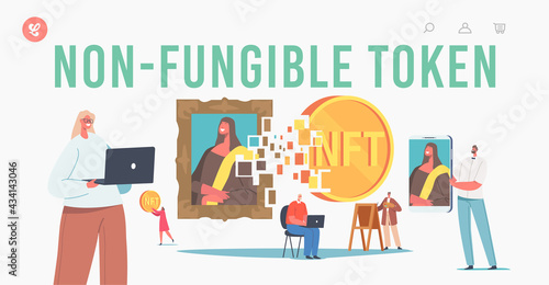 Non Fungible Token Landing Page Template. Characters Use Cryptocurrency, Digital Transaction for Buying Masterpieces