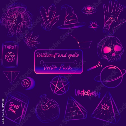 Occult spell collection with witchcraft and Halloween objects. Purple esoteric and wiccan symbols and sketches about black magic.Fortune telling and alchemy pack with psychedelic isolated vectors