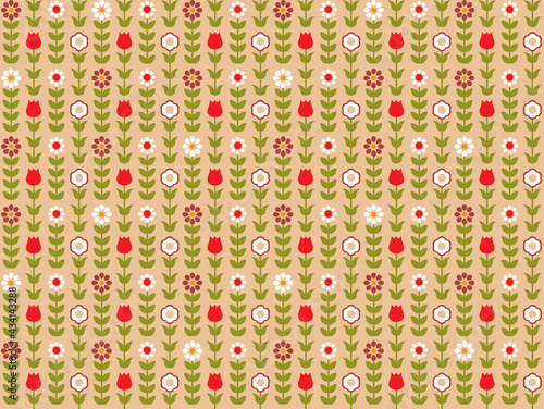 Red floral pattern. Scandinavian folk flowers retro background design. 