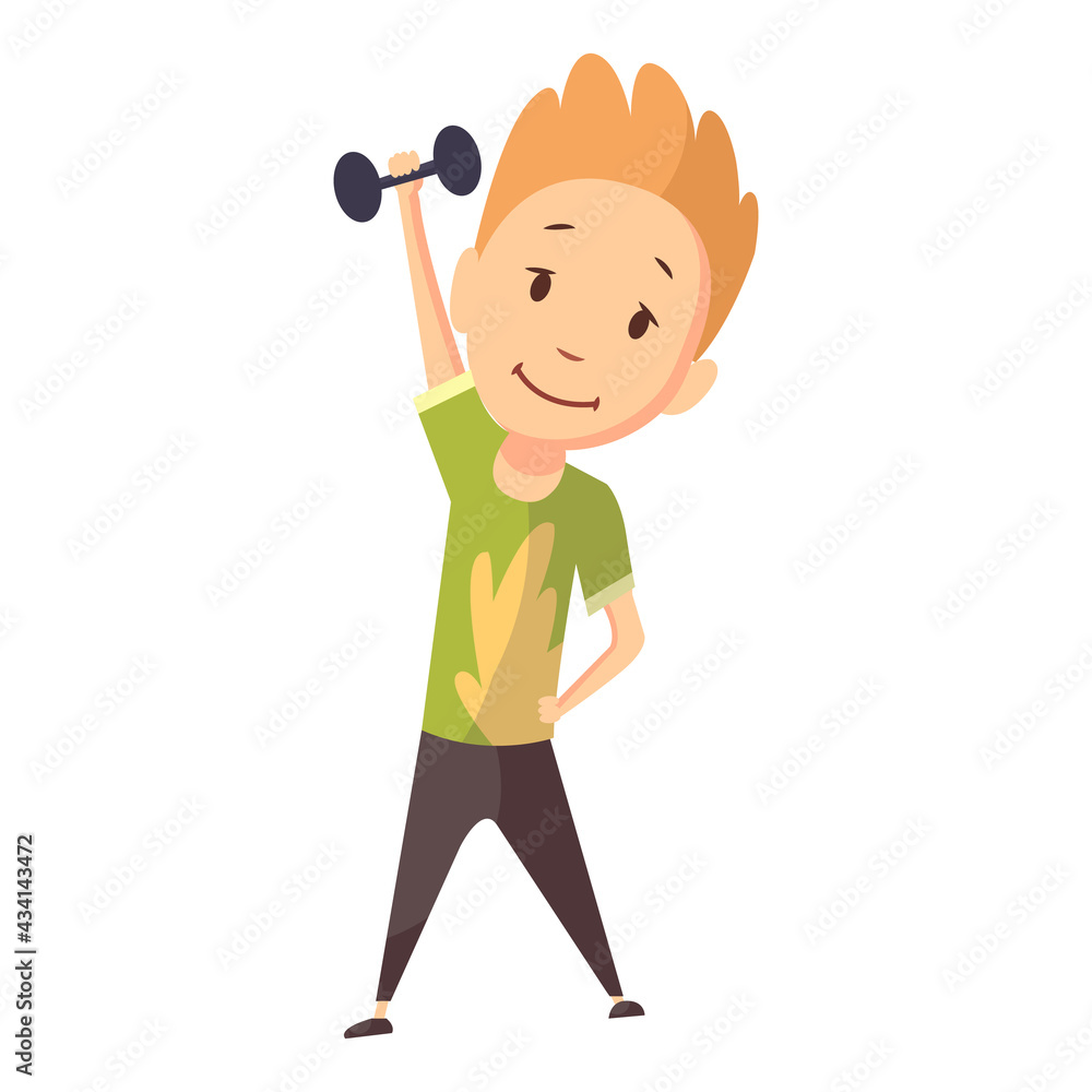 Fitness sport. Boy lifting weight and making gymnastic exercises. Funny cartoon colorful character. Cute gymnastics for children and healthy lifestyle sport illustration. happy kid fitness Fitness sport. Boy lifting weight and making gymnastic exercises. Funny cartoon colorful character. Cute gymnastics for children and healthy lifestyle sport illustration. happy kid fitness