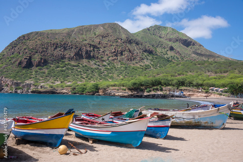 Paisaje con barcas de pescadores en la playa de Tarrafal en  la isla de Santiago de Cabo Verde photo