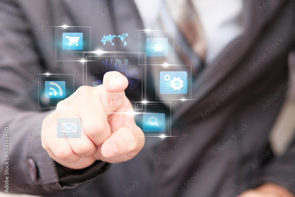 Businessman hand touching virtual screening big data and digital transformation technology strategy, digitalization of business processes and data, Digital transformation change management Businessman hand touching virtual screening big data and digital transformation technology strategy, digitalization of business processes and data, Digital transformation change management