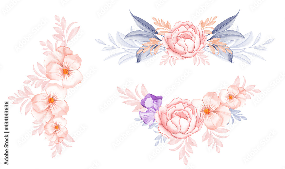 Set of watercolor floral frame bouquets of peach rose  flower with blue leaves illustration