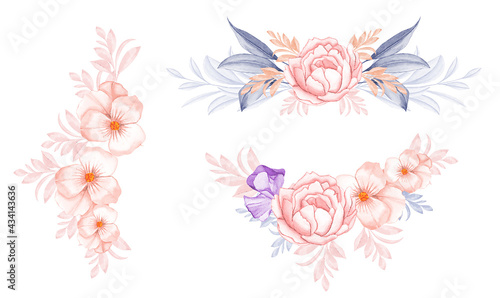 Set of watercolor floral frame bouquets of peach rose flower with blue leaves illustration