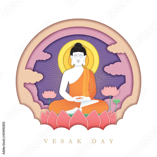 Happy vesak day or buddha purnima paper art. Lord Buddha meditating on lotus in flat design. 3D paper cut greeting card. Vector illustration.