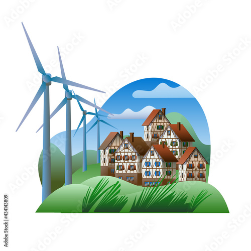 Eco-friendly village with wind power generators. Vector illustration on the theme of a smart village and eco-friendly electricity.