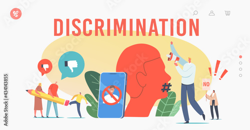 Discrimination Landing Page Template. Cancel Culture Ban. Characters Erasing Person, Activists with Loudspeaker Riot