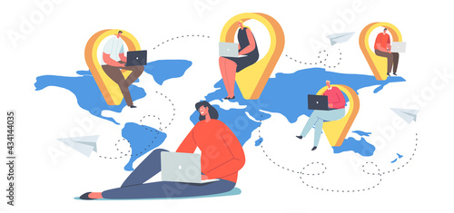Global Outsourcing Team Concept, Businesspeople with Laptop Sitting at Navigation Pins on World Map Working Distantly