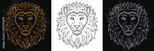 Gold, black and silver lion head, set of isolated outline lion face