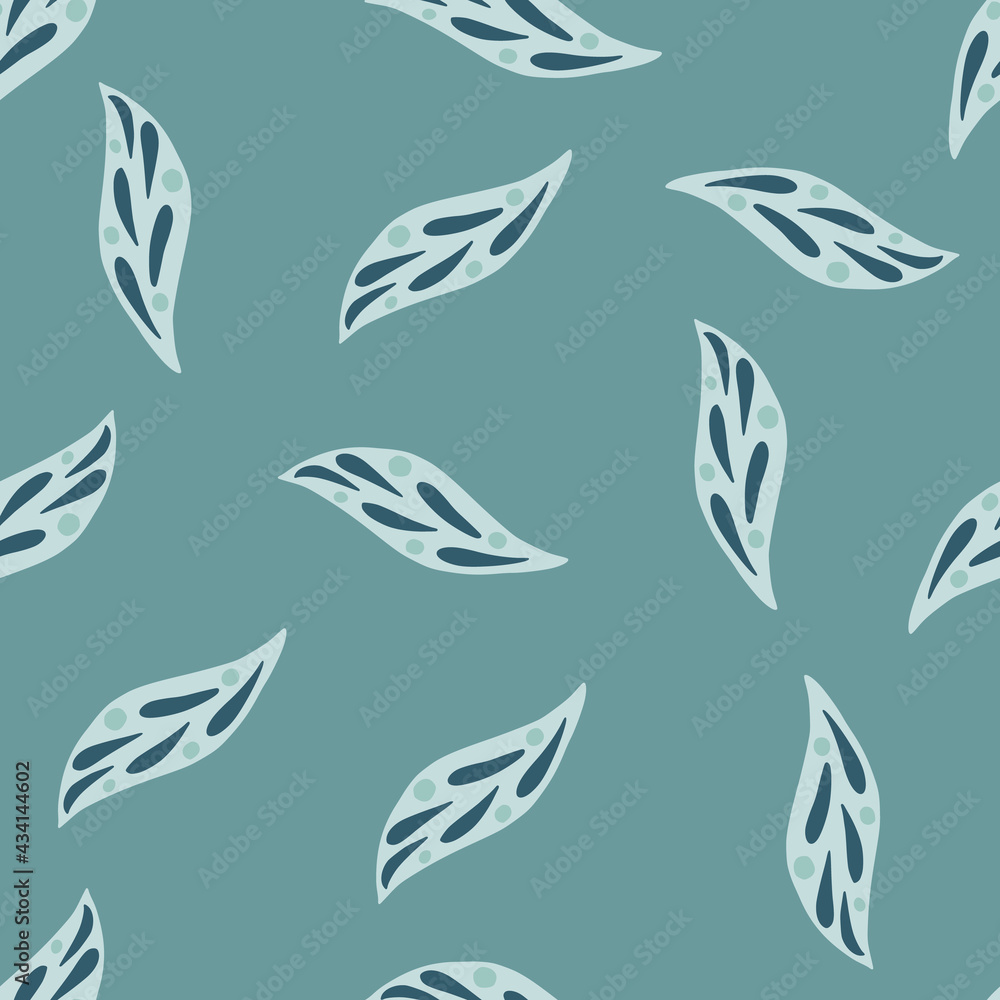 Fototapeta premium Geometric foliage seamless pattern with abstract leaf shapes. Turquoise pale background. Simple style.