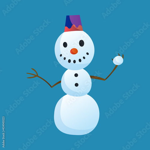 Snowman holds a snow ball with top hat isolated on white background. Winter theme. character illustration