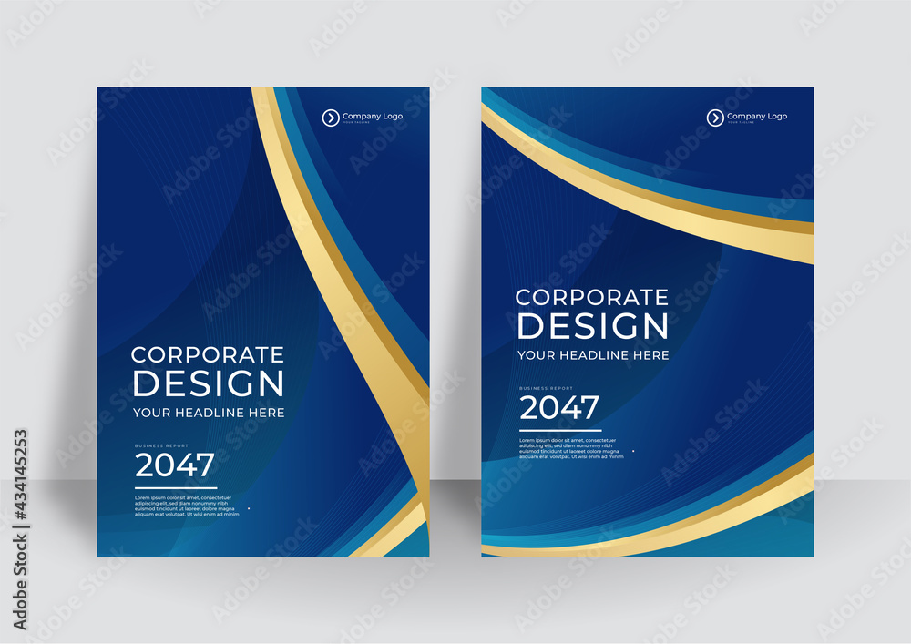 Brochure blue gold cover design layout set for business and construction. Abstract geometry with colored corporate vector illustration on background. Good for annual report, industrial catalog design. - obrazy, fototapety, plakaty 