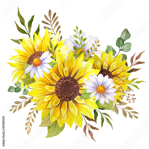 Watercolor wildlowers bouquet, hand painted sunflower bouquets, sunfower flower arrangement. Wedding invitation clipart elements. Watercolor floral. Botanical Drawing. White background.