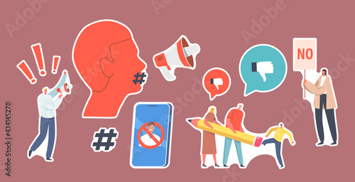 Set of Stickers Cancel Culture Ban, Erase Identity Theme. Characters Erasing Person, Activist with Loudspeaker on Riot photo
