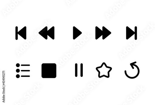Media player icons set. Music, interface, design media player buttons collection. Play, pause, stop, replay, playlist, favorit, next, previous, rewind. Vector illustrations.