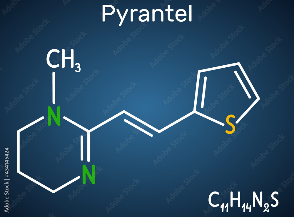 Pyrantel molecule. It is pyrimidine derivative anthelmintic antinematodal drug for treatment of intestinal nematodes such as pinworms and roundworms. Paper packaging for drugs. Pyrantel molecule. It is pyrimidine derivative anthelmintic antinematodal drug for treatment of intestinal nematodes such as pinworms and roundworms. Paper packaging for drugs.