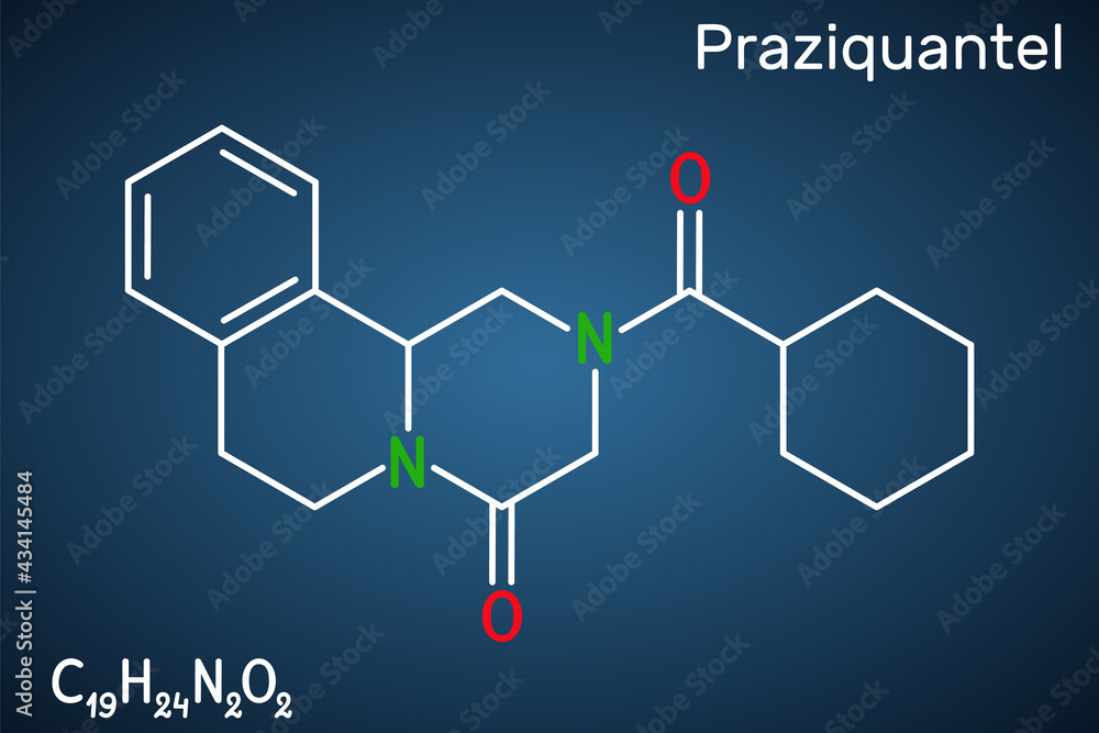 Praziquantel, PZQ, molecule. It is anthelmintic drug for treatment cysticercosis, schistosome, cestode and trematode infestations. Structural chemical formula on the dark blue background