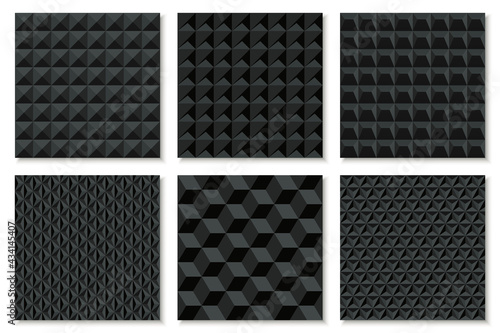 Collection of black seamless geometric 3d textures. Decorative dark endless backgrounds