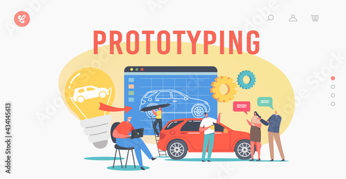 Car Prototyping Landing Page Template. Engineer Designer Characters Perform Automobile Prototype Project
