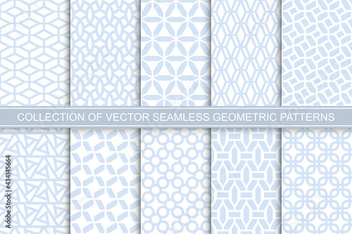 Collection of seamless ornametal delicate geometric patterns - blue and white symmetric textures. Vector repeatable backgrounds