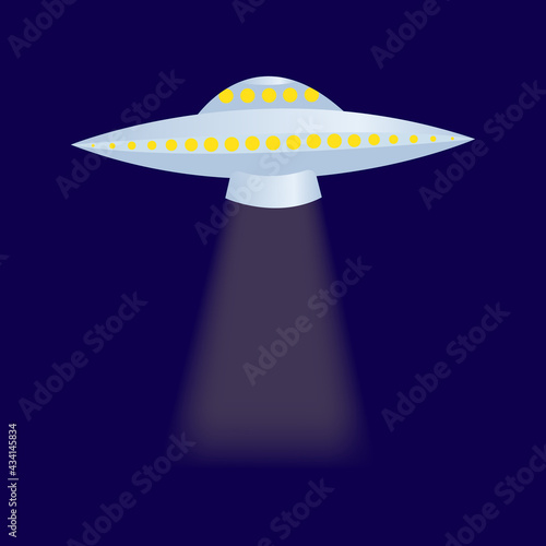 silver flying saucer with lights on a dark blue background, vector illustration