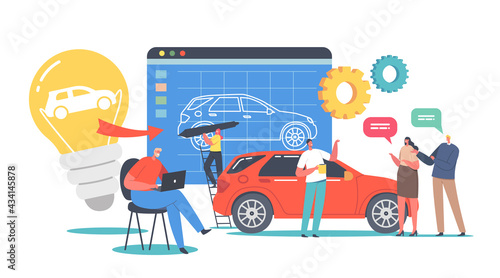 Characters Prototyping Car. Engineer Designer Perform Automobile Prototype Project, Machinery Industrial Projecting
