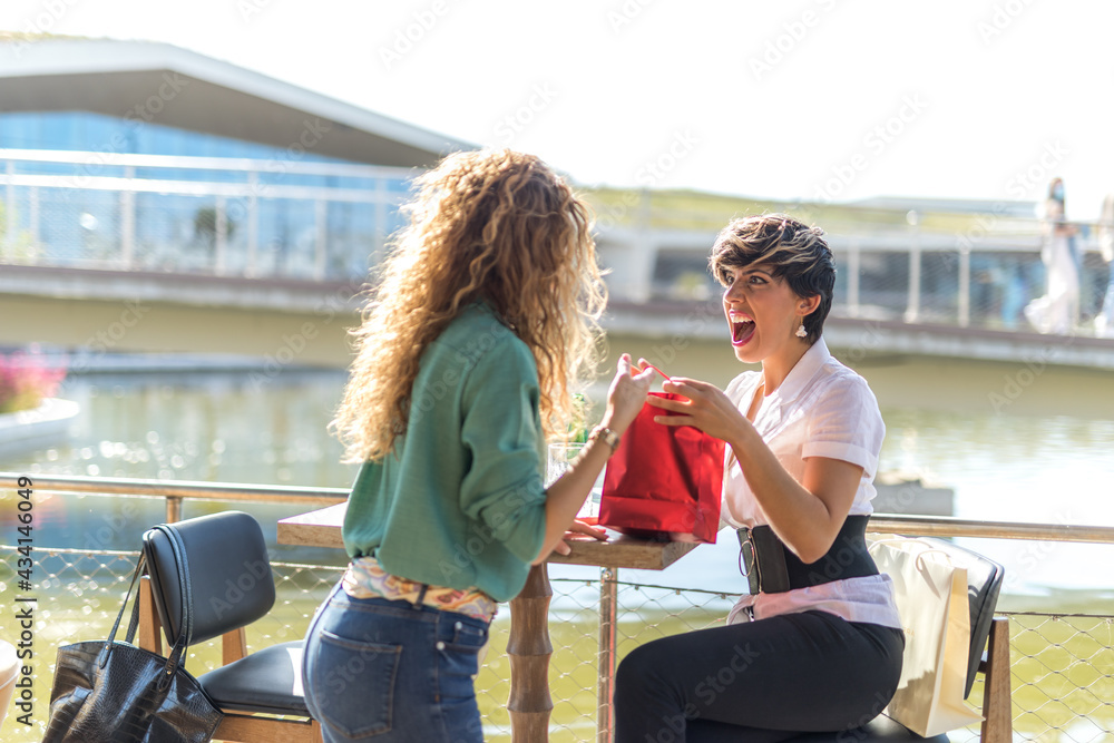 Two women on an outdoor terrace. One of them is surprised and happy to receive a gift from the other. Two women on an outdoor terrace. One of them is surprised and happy to receive a gift from the other.