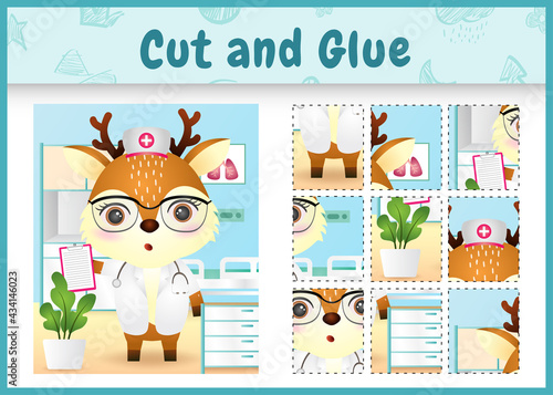 Children board game cut and glue with a cute deer using costume nurses