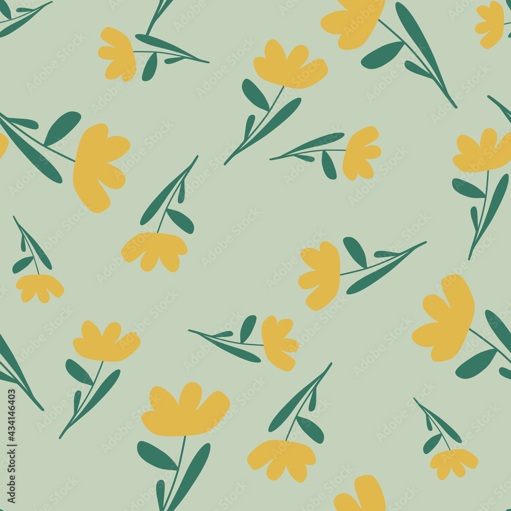 Spring season seamless pattern with hand drawn yellow flowers shapes. Blue pastel background. Spring season seamless pattern with hand drawn yellow flowers shapes. Blue pastel background.