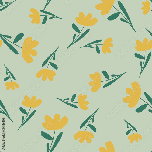 Spring season seamless pattern with hand drawn yellow flowers shapes. Blue pastel background.