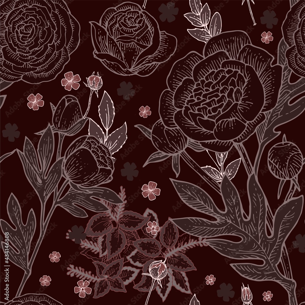 peony, rose, flowers. Seamless pattern for wallpaper and fabric. Background illustration. Hand drawing outline. Flowering of garden plants. Abstract plant picture. Vector peony, rose, flowers. Seamless pattern for wallpaper and fabric. Background illustration. Hand drawing outline. Flowering of garden plants. Abstract plant picture. Vector