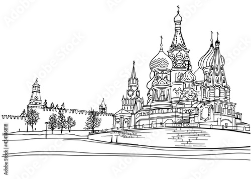 Urban landscapes with the old church. Nice views of the old Moscow. Hand drawn line art. Colorful vector illustration on white background. Without people. Postcards style. Travel sketch.