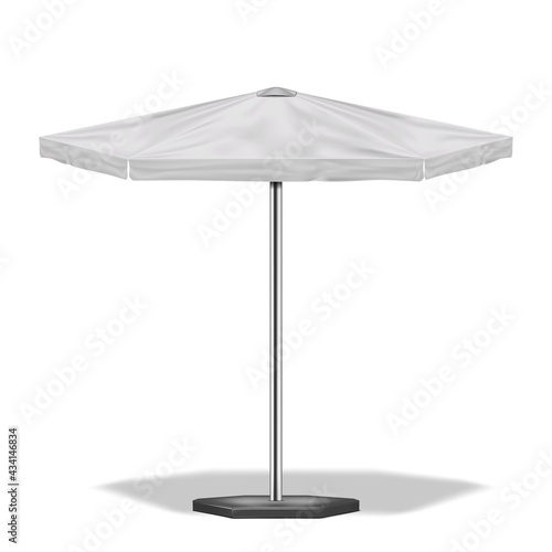 White hexagonal patio umbrella, realistic vector mockup. Outdoor garden parasol, mock-up. Template for design