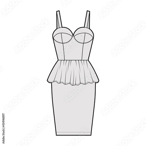 Peplum bustier dress technical fashion illustration with shoulder straps, cups, fitted body, knee length skirt. Flat apparel garment front, grey color style. Women, men unisex CAD mockup