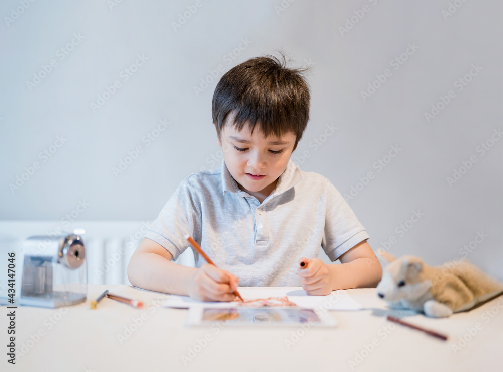 School Kid using colour pen drawing and painting on paper, A boy doing home work sitting with tablet, Child colouring dog toys on paper, E-learning online education School Kid using colour pen drawing and painting on paper, A boy doing home work sitting with tablet, Child colouring dog toys on paper, E-learning online education