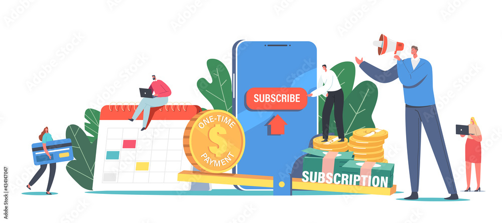 Fototapeta premium Subscription Business Model Concept. Monthly Order Service or Goods with Automatic Payment. Tiny Characters Pay for App