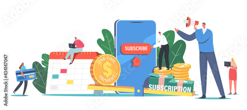 Subscription Business Model Concept. Monthly Order Service or Goods with Automatic Payment. Tiny Characters Pay for App