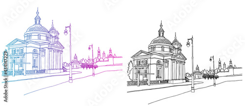 Urban landscapes with the old church. Nice views of the old Moscow. Hand drawn line art. Colorful vector illustration on white background. Without people. Postcards style. Travel sketch.
