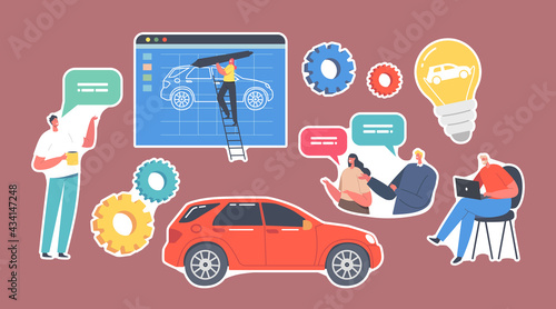 Set Stickers Characters Prototyping Car. Engineers Designers Create Automobile Prototype Project, Machinery Projecting
