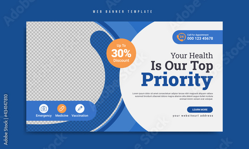 Medical healthcare service web banner template design. Website home page layout with logo & icon. Health business marketing video thumbnail or cover for doctor, nurse, dentist, clinic and hospital.