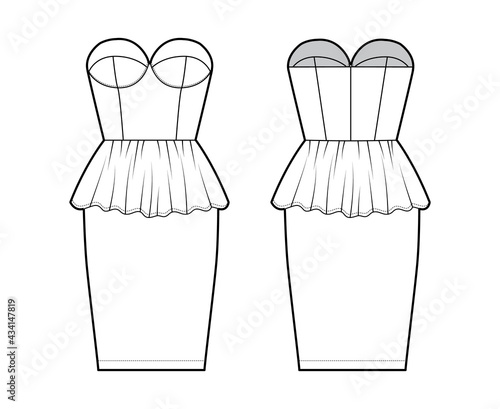 Peplum bustier dress technical fashion illustration with strapless, cups, fitted body, knee length skirt. Flat garment apparel front, back, white color style. Women, men unisex CAD mockup