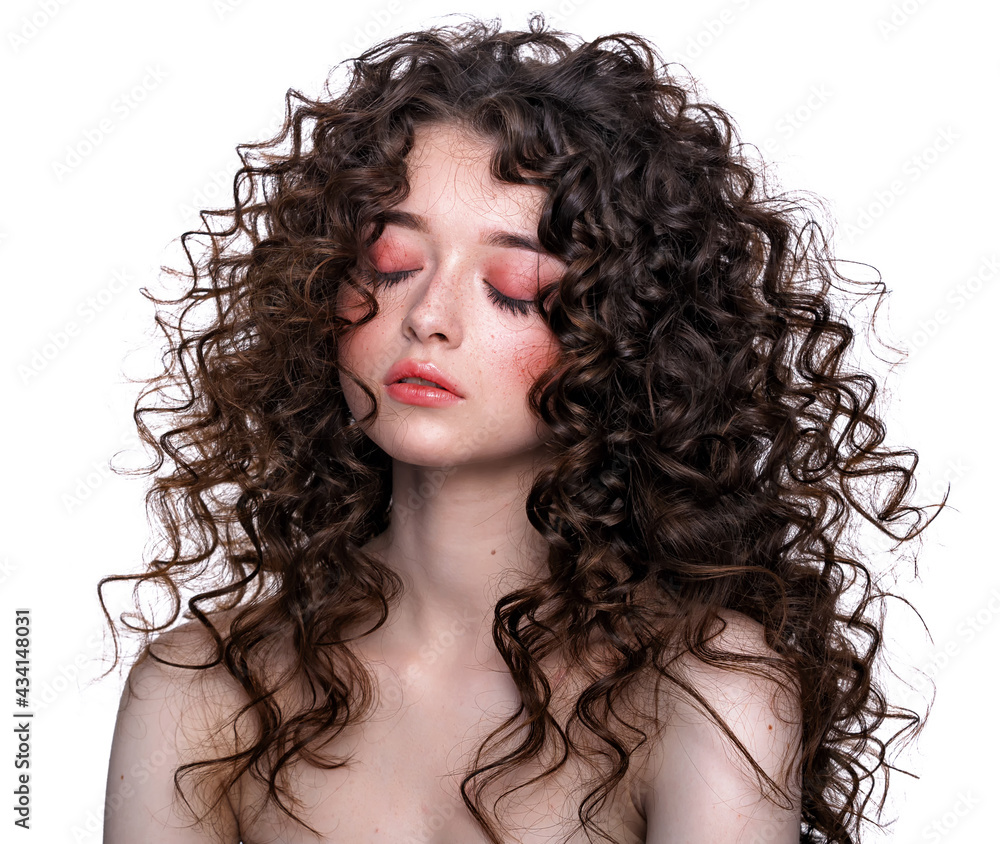 Beautiful woman face with curly hair nude shoulders cosmetology and spa or  hair care concept on white background copy space Stock Photo | Adobe Stock