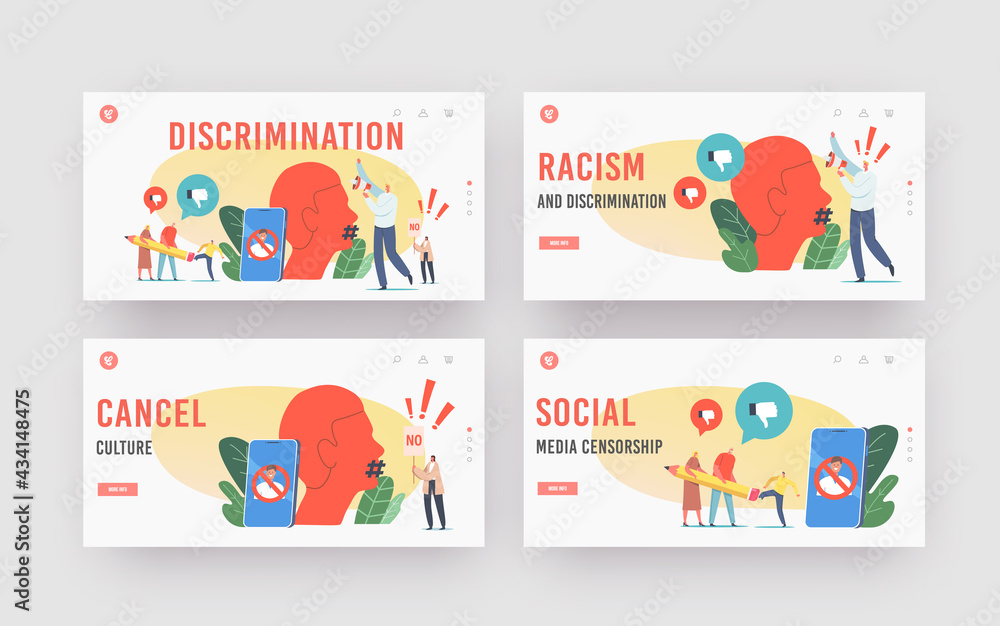 Cancel Culture Ban, Discrimination Landing Page Template. Characters Erasing Person, Tiny Activists with Loudspeaker