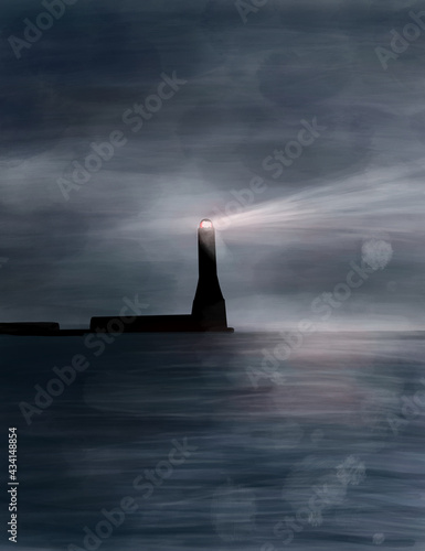 Dark digital illustration with sailboat and storm at sea