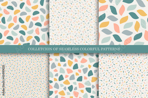 Collection of vector seamless colorful patterns - vintage design. Trendy delicate textile backgrounds. Simple unusual prints