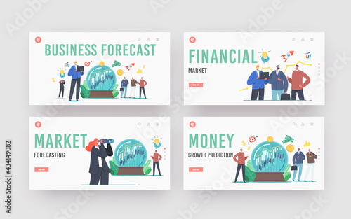 Business Prediction, Market Trends Forecast Landing Page Template Set. Business Characters Predict Economic for Benefit