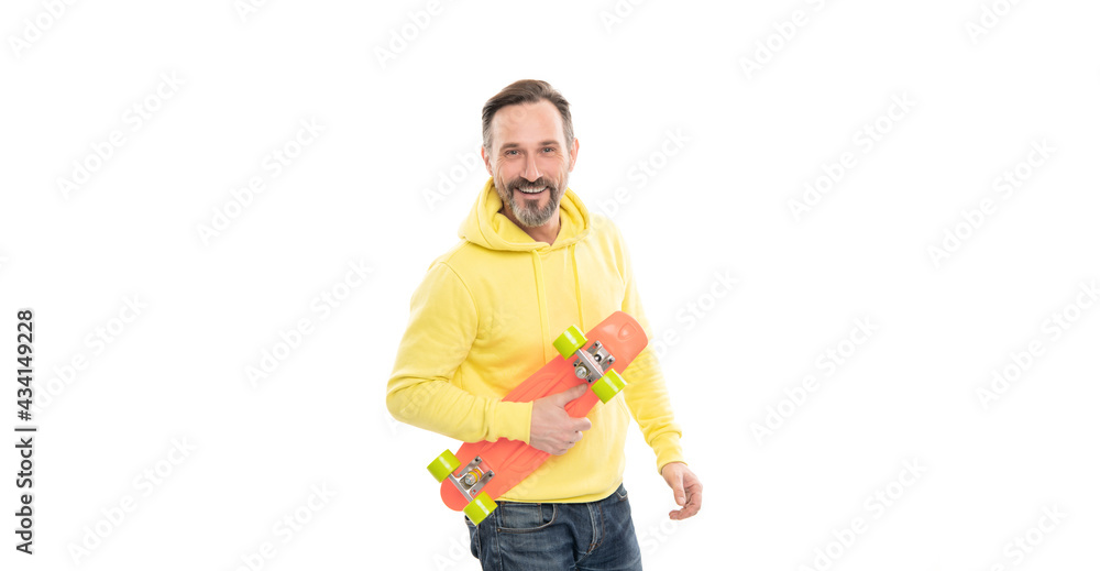 happy man skateboarder with beard hold penny skateboard isolated on white, hipster lifestyle. happy man skateboarder with beard hold penny skateboard isolated on white, hipster lifestyle.