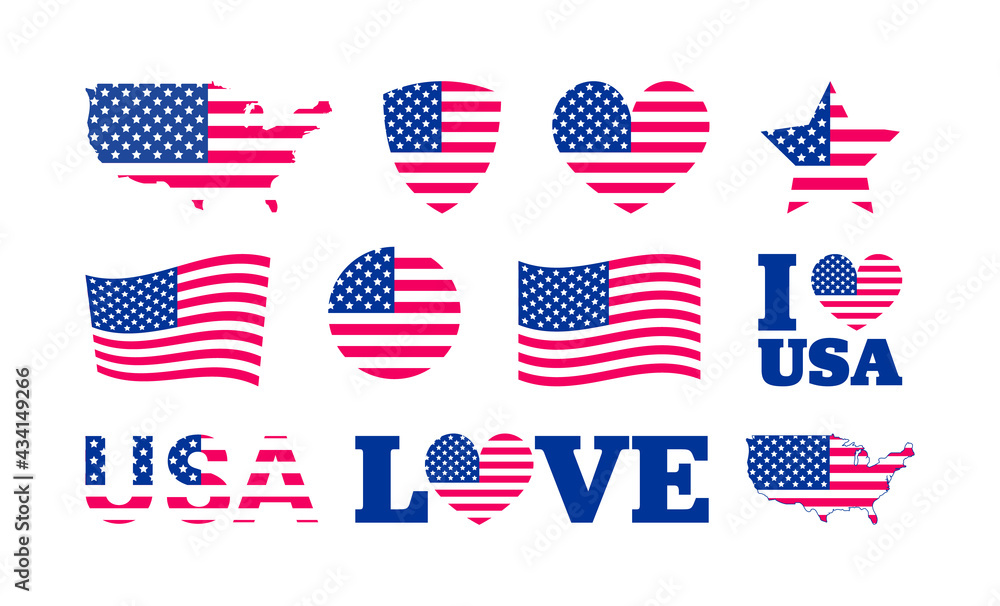 United States of America flag icon set. USA flag colors heart, star