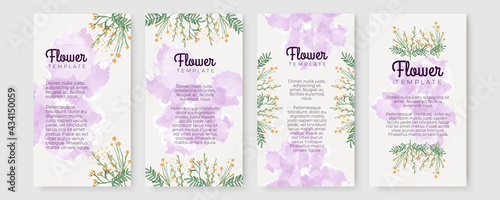 Trendy universal flower floral story templates with green watercolor leaves. Suitable for social media posts, mobile apps, cards, invitations, banners design and web/internet ads.