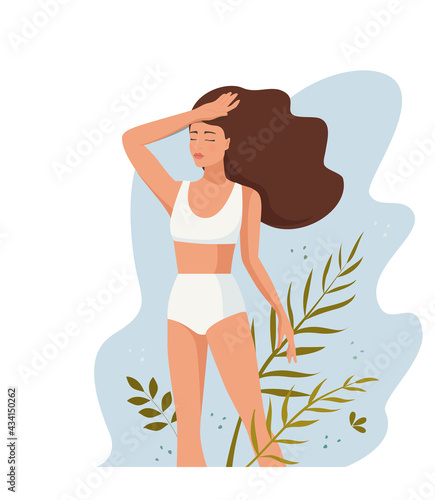 Feminine concept illustration, beautiful woman  in bikini with tropical leaves. Fashion and beauty concept. Vector illustration.